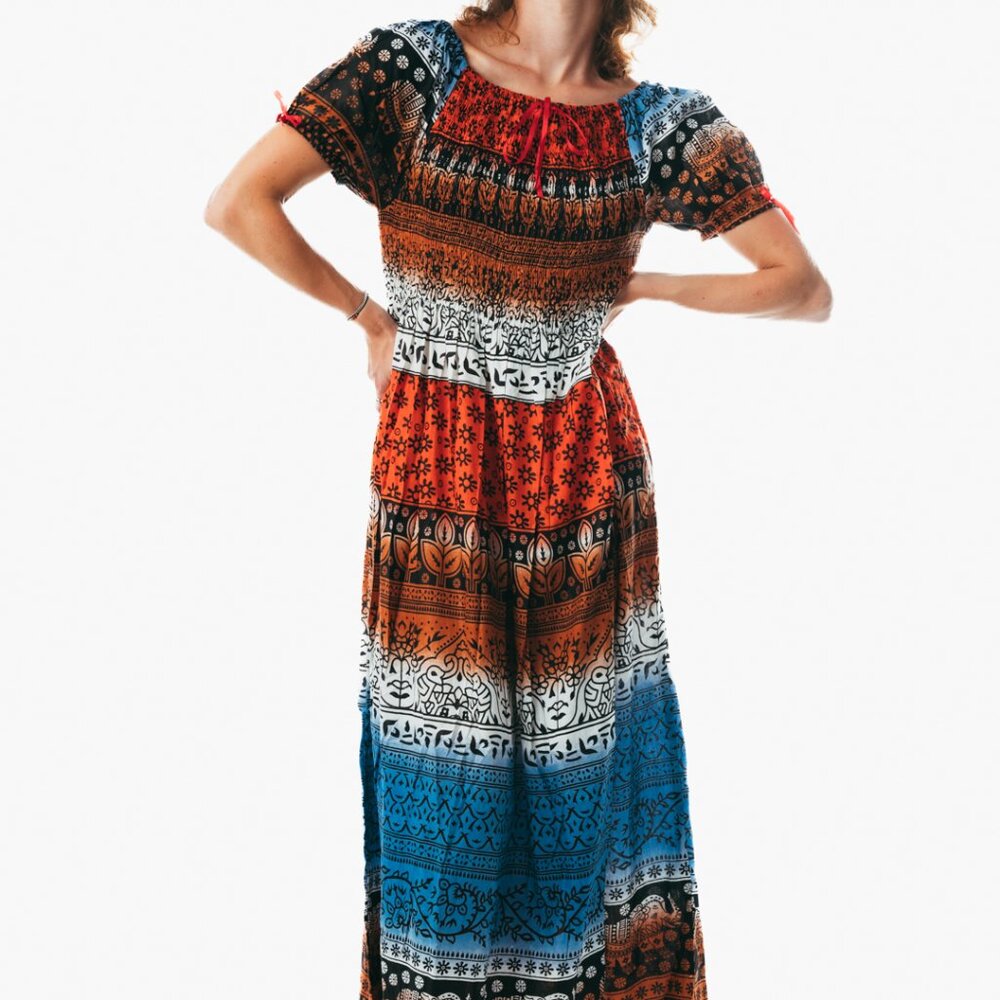 Colorful peasant maxi dress short sleeve off shoulder boho summer floral tie dye